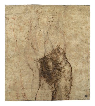 Cristo resucitado, desnudo de tres cuartos mirando hacia abajo a la derecha de Michelangelo Buonarroti