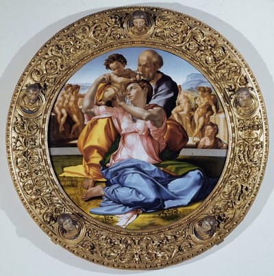 Tondo Doni: La Sagrada Familia con San Juan Bautista niño de Michelangelo Buonarroti