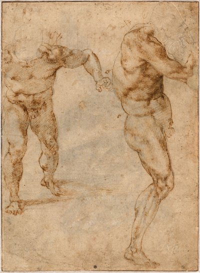 Dos estudios de desnudos de un hombre avanzando y otro girando a la derecha, c. 1504 de Michelangelo Buonarroti