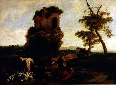Un paisaje con viajeros descansando cerca de una posada de Michelangelo Cerquozzi