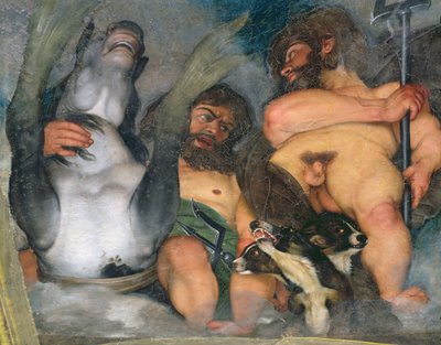 Alegoría de los elementos, el universo y los signos del zodiaco (detalle de Neptuno y Tritón con Cerbero, el perro de tres cabezas) de Michelangelo Merisi Caravaggio