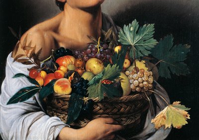 Niño con una cesta de frutas (detalle) de Michelangelo Merisi da Caravaggio