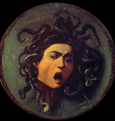 Cabeza de Medusa. Pintura en el reverso de un escudo cubierto con lienzo. Símbolo de la victoria de la razón sobre los sentidos, refiriéndose al mito de Perseo y Medusa. Pintura de Caravaggio de Michelangelo Merisi da Caravaggio