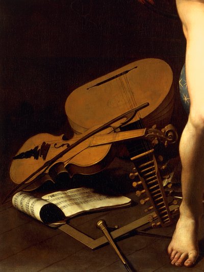Representación de instrumentos musicales, detalle de Amor Victorioso de Michelangelo Merisi da Caravaggio