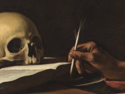 San Jerónimo escribiendo, detalle de la pluma de Michelangelo Merisi da Caravaggio