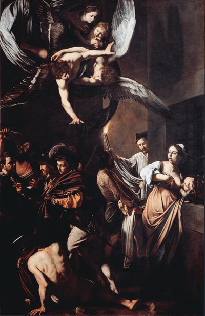 Las siete obras de misericordia (Sette opere di misericordia). Cimon condenado a morir de hambre en prisión se alimenta del pecho de su hija Pero (Caridad Romana) y en el fondo un hombre lleva una antorcha en llamas para sacar un cadáver. En la parte super de Michelangelo Merisi da Caravaggio