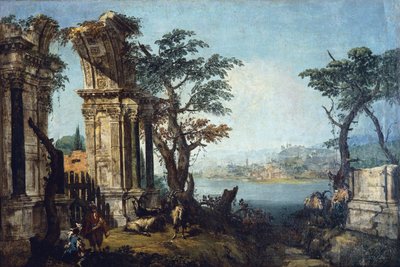 Capriccio con arco clásico y cabras de Michele Marieschi