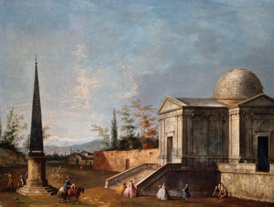 Figuras elegantes frente a una iglesia clásica con cúpula, un obelisco a la izquierda de Michele Marieschi