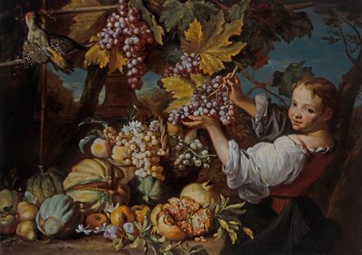 Una Joven Presentando Un Racimo De Uvas Con Un Bodegón De Frutas de Michele Pace del Campidoglio