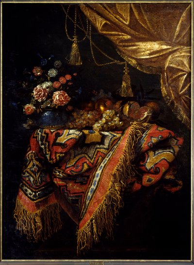 Naturaleza muerta Frutas y flores sobre un mantel. Pintura de Michelangelo Campidoglio (1610-1670) de Michele Pace del Campidoglio