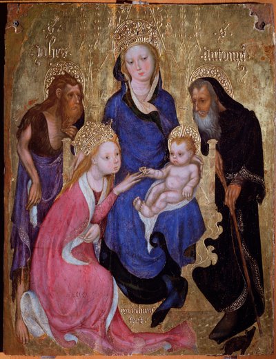 El matrimonio místico de Santa Catalina con los santos Juan Bautista y Antonio de Egipto - Pintura, hacia 1420 de Michelino Molinari da (attr. to) Besozzo
