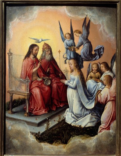 La coronación de la Virgen. La virgen bendecida por la trinidad (Dios, Cristo y el Espíritu Santo) sobre ella, ángeles colocan la corona en su cabeza de Michiel Sittow