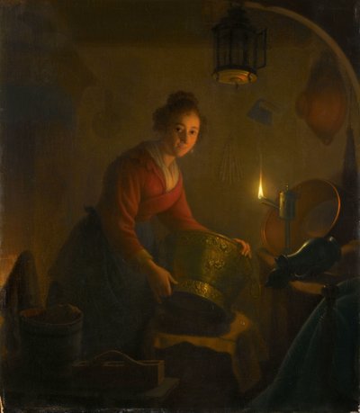 Una mujer en una cocina a la luz de las velas de Michiel Versteegh