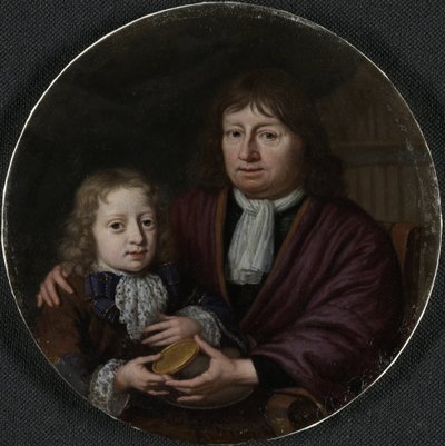 Retrato doble de Isaac Pontanus y Hendrik van Beek Isaac Pontanus (1625-1710) entrega una medalla de oro a su nieto Hendrik van Beek de Michiel van Musscher (signed by artist)