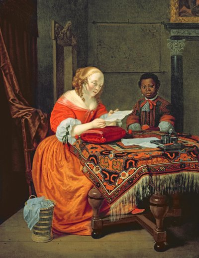 Una Mujer Leyendo una Carta con un Negro en Asistencia, 1670 de Michiel van Musscher