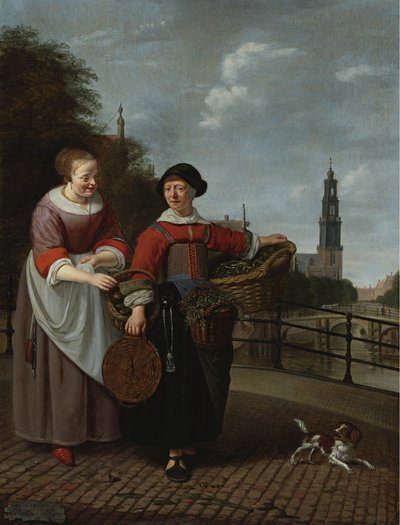 Una vendedora de verduras y un ama de casa en el Eenhoornsluis de Ámsterdam, al fondo la Westertoren de Michiel van Musscher