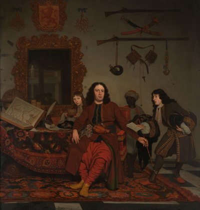 Thomas Hees y su criado Thomas y sus sobrinos Jan y Andries Hees
Retrato de Thomas Hees (n. 1634/35), residente y comisionado de los estados generales ante los gobiernos de Argel, Túnez y Trípoli, con sus sobrinos Jan (n. 1670/71) y Andries (n. 1 de Michiel van Musscher