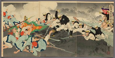 Gran victoria de nuestras tropas en la feroz batalla del vado de Ansong (Anjo no watashi waga gun taisho no zu) de Migita Toshihide