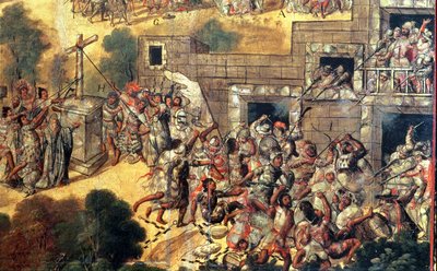 Detalle del Intento de derribo de la cruz frente a los ídolos y lanzamiento de piedras y flechas contra Moctezuma (1466-1520) 1698 (óleo sobre tabla) de Miguel Gonzalez