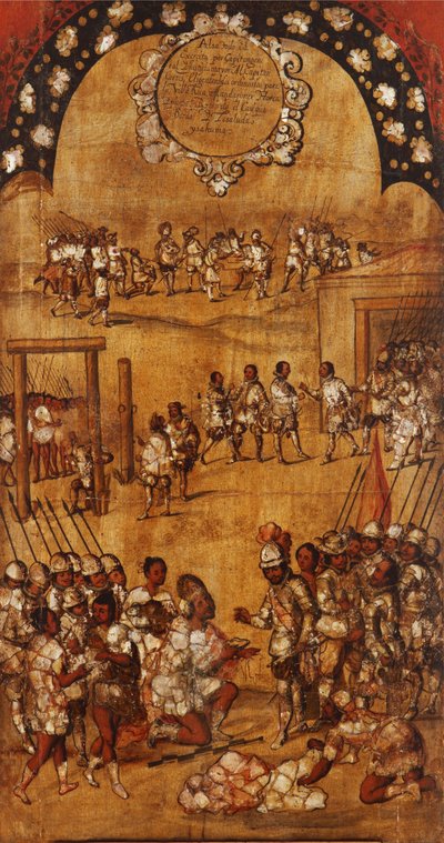 La Conquista de México, Panel III, c.1696-1715 (pintura sobre madera) de Miguel Gonzalez