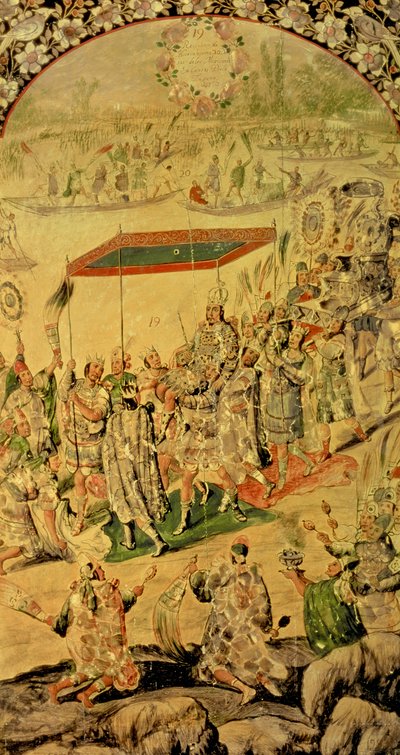 Uno de un par de paneles que representan el encuentro entre Hernando Cortés (1485-1547) y Moctezuma (1466-1520): Moctezuma y sus seguidores, 1698 de Miguel and Juan Gonzalez