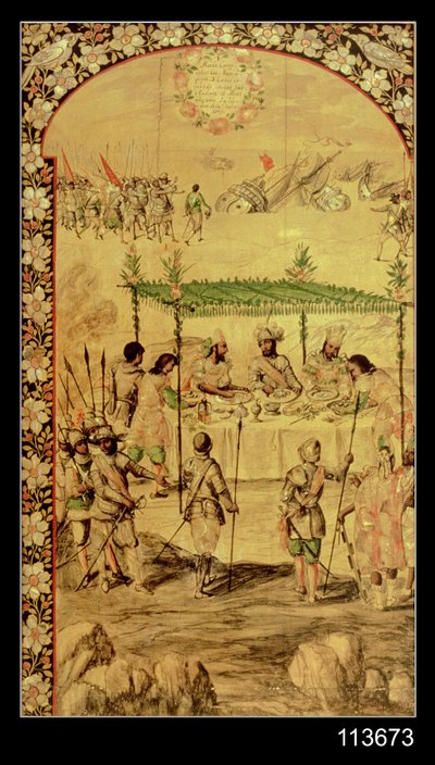 La Conquista de México: Hernando Cortés (1485-1547) ordena la destrucción de los barcos y se reúne con los embajadores de Moctezuma (1466-1520) en 1520 de Miguel and Juan Gonzalez