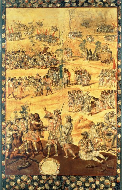El encuentro entre Hernando Cortés (1485-1547) y Moctezuma (1466-1520), panel de la Conquista de México de Miguel and Juan Gonzalez
