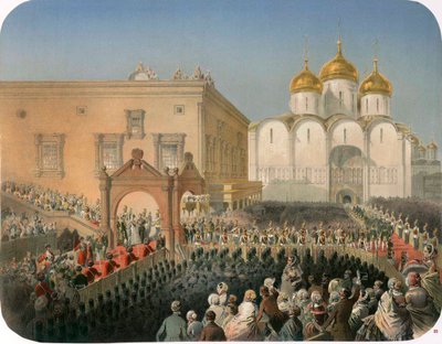 Procesión de la zarina Alexandra Feodorovna a la Catedral de la Dormición, Moscú, 1856 de Mihaly von Zichy