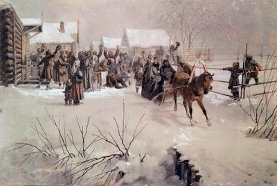 El zar Alejandro II (1818-1881) en un trineo cruza un pueblo bajo la nieve. Acuarela de Mihaly von Zichy (1827-1906) siglo XIX San Petersburgo, Castillo de Peterhof de Mihaly von Zichy