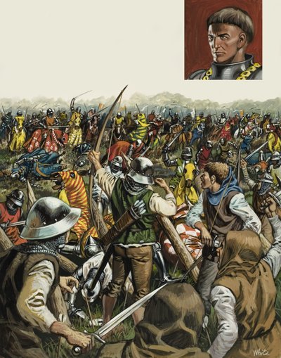 Batalla de Agincourt, 25 de octubre de 1415 (gouache sobre papel) de Mike (20th century) White