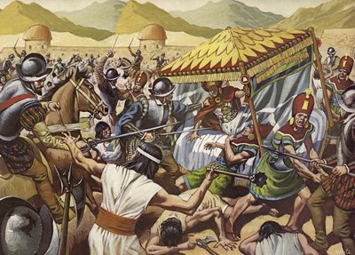 Españoles derribando el Imperio Inca de Perú. (litografía en color) de Mike (20th century) White
