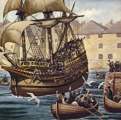 Hacia el Oeste El Mayflower sale de Plymouth Ho el 16 de septiembre de 1620 (litografía en color) de Mike (20th century) White