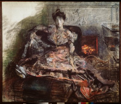 Después del concierto - Retrato de N Zabela-Vrubel en la chimenea con un vestido diseñado por Vrubel (delante de la chimenea con un vestido diseñado por Vrubel))-O de Mikhail Aleksandrovich Vrubel