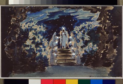 Decoración preparatoria para la ópera "" Hansel y Gretel "" de Engelbert Humperdinck (1854-1921) (Escenografía para la ópera Hansel y Gretel) - Obra de Mikhail Alexandrovich Vrubel (Vroubel) (1856-1910), crayón, acuarela y gouache en papel de Mikhail Aleksandrovich Vrubel