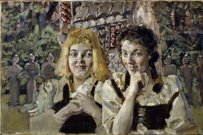 Hansel y Gretel (Hansel y Gretel). Retratos de los dos niños del cuento de los hermanos Jacob (1785-1863) y Wilhelm (1786-1859) Grimm, con ojos codiciosos frente a la casa de dulces. Pintura de Mikhail Alexandrovich Vrubel (Vrubel) (1856-1910), óleo sobre de Mikhail Aleksandrovich Vrubel