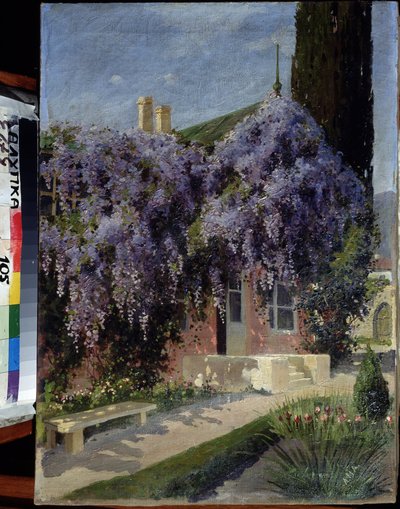 Une maison entrelacee de glycines (Una casa entrelazada con glicinas). Pintura de Mikhail Alexandrovich Alisov (1859-1933). Huile sur toile, 62,3 x 44,4 cm. Ecole russe debut 20e siecle. Museo de Arquitectura y Arte, Alupka, Ucrania. ©FineArtImage/Leemage de Mikhail Alexandrovich Alisov