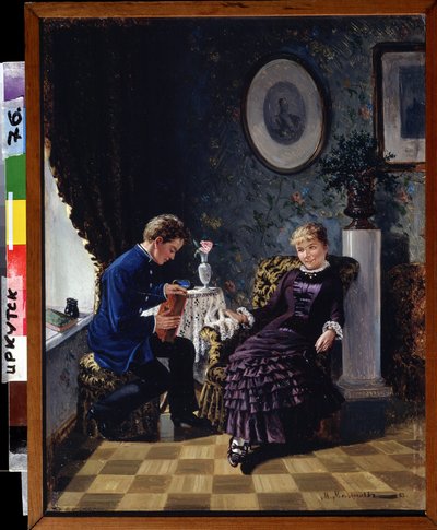 Los comienzos (El debut). En una sala de estar, un cabeza a cabeza entre un joven tímido, que sostiene un libro, y una joven sonriente, un encuentro de declaración de amor. Pintura de Mikhail Georgievich Malyshev (1852-1914), óleo sobre lienzo de Mikhail Georgievich Malyshev