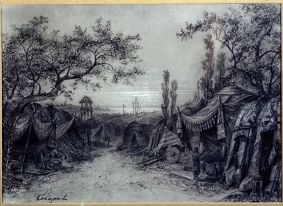 Escenografía de la ópera "El Príncipe Igor" de Alexander Borodin (1833-1887). Un campamento militar de tiendas, enmarcado por árboles, con tres personajes, entre ellos un músico. Obra de Mikhail Ily de Mikhail Ilyich Bocharov