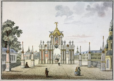 Las Puertas Rojas de Moscú. (Las Puertas Rojas de Moscú). Arco triunfal barroco, construido en el siglo XVIII, demolido en 1928. Obra de Mikhail Ivanovich Makhaev (1718-1770), acuarela y tinta sobre papel, hacia 1790. Arte ruso de Mikhail Ivanovich (after) Makhaev