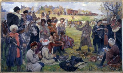Los agitadores bolcheviques en la división salvaje del general Kornilov cerca de Gatchina en agosto de 1917. de Mikhail Ivanovich Avilov