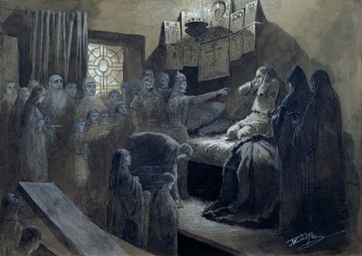 Iván IV (1530-84) el Terrible visitado por los fantasmas de aquellos que asesinó (pluma y tinta con gouache sobre papel) de Mikhail Konstantinovich Klodt