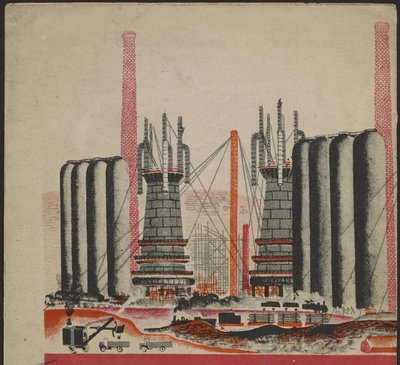 Illustration du livre pour enfants "Combinat metallurgique Kuznets : un geant socialiste" - Ilustración para el libro infantil "Combinado metalúrgico Kuznets: Un gigante socialista", de Gurevich, Mikhail Lvovich (1904-1943). Litografía en color de Mikhail Lvovich Gurevich