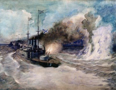 La batalla naval entre la Flota del Mar Negro y el crucero blindado alemán Goeben el 5 de noviembre de 1914 - Obra de Mikhail Mikhailovich Semyonov ( de Mikhail Mikhailovich Semyonov