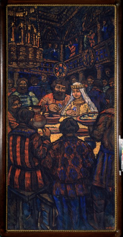 La boda del Gran Duque Vladimir I Svyatoslavich (conocido como el Gran Sol o el Sol Rojo, 958-1015) Escena del banquete de bodas - Pintura de Mikhail Nikolayevich Yakovlev (1880-1942), óleo sobre lienzo, ca. 1920 de Mikhail Nikolayevich Yakovlev