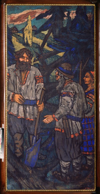 La boda del Gran Duque Vladimir I Svyatoslavich (958-1015) (La boda del Gran Duque Vladimir I Svyatoslavich) Vladimir con una pala habla con una pareja de campesinos - Pintura de Mikhail Nikolayevich Yakovlev (1880-1904) de Mikhail Nikolayevich Yakovlev