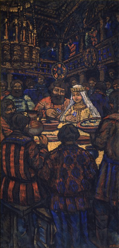 La boda del Gran Duque Vladimir I. Svyatoslavich Tríptico, Panel central, años 1920 de Mikhail Nikolayevich Yakovlev