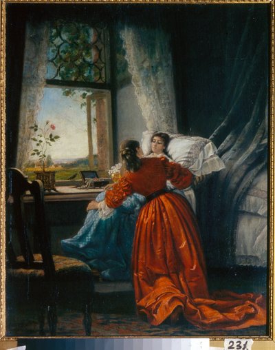 La visita a los enfermos (Visiting the Sick) una mujer arropa a una niña en un asiento, instalado cerca de la ventana - Pintura de Mikhail Petrovich, Baron Klodt (1835-1914), óleo sobre cobre de Mikhail Petrovich Klodt