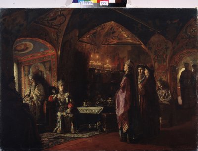 La Vivienda de la Zarina (La Vivienda de Tsarevna). Composición sobre el tema de la antigua Rusia, traje tradicional y decoración del principado de Moscú. Pintura del barón Mikhail Petrovich Klodt (1835-1914), óleo sobre lienzo de Mikhail Petrovich Klodt