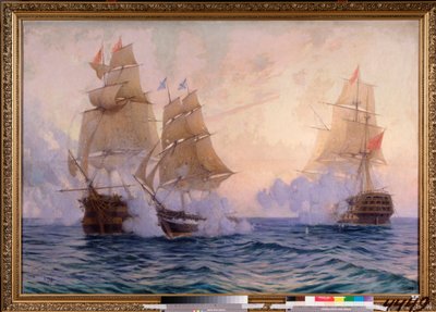 El bergantín Mercury luchando contra dos barcos turcos, 14 de mayo de 1829 (Episodio de la Guerra Ruso-Turca) de Mikhail Stepanovich Tkatchenko