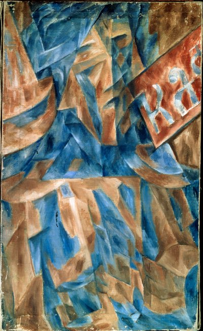 Mujer en un café - Composición cubista, con un trozo de la fachada del café (inscripción KA) - Pintura de Mikhail Vasilyevich Le Dantyu (1891-1917), óleo sobre lienzo, alrededor de 1910 - Arte ruso, vanguardia siglo XX, arte abstracto - Estat. de Mikhail Vasilevich Le Dantu